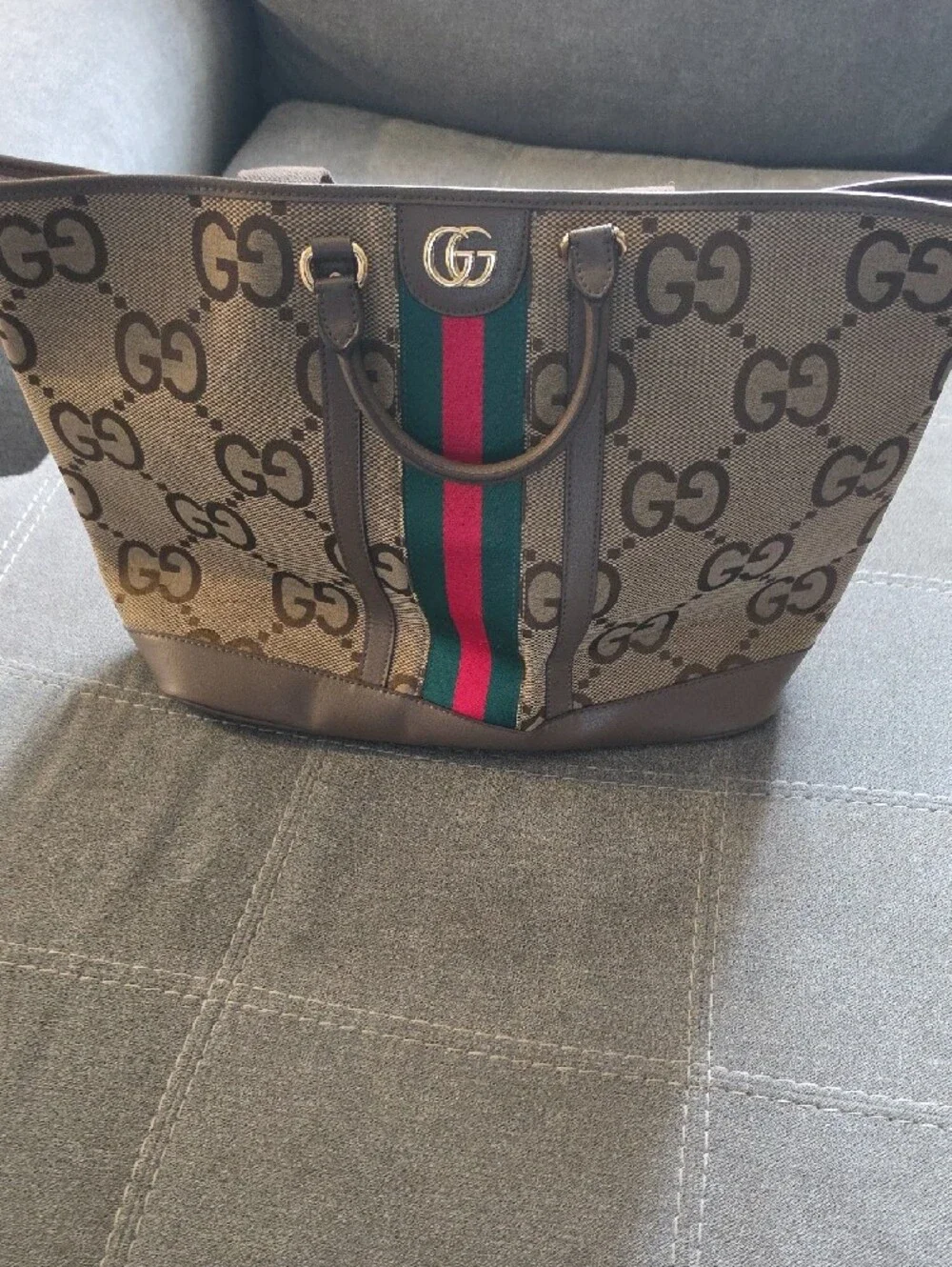 Gucci Brown GG Canvas Tote with Green and Red Web Stripe